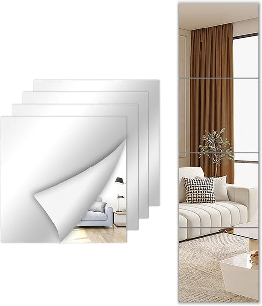 Stick on Small Mirror for Wall Decor, 4 Pack 11.7”x11.7” Acrylic Mirror Tiles