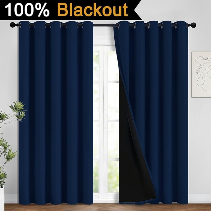 Yakamok Navy Blue 100% Blackout Curtains Energy Saving Thermal Insulated 2