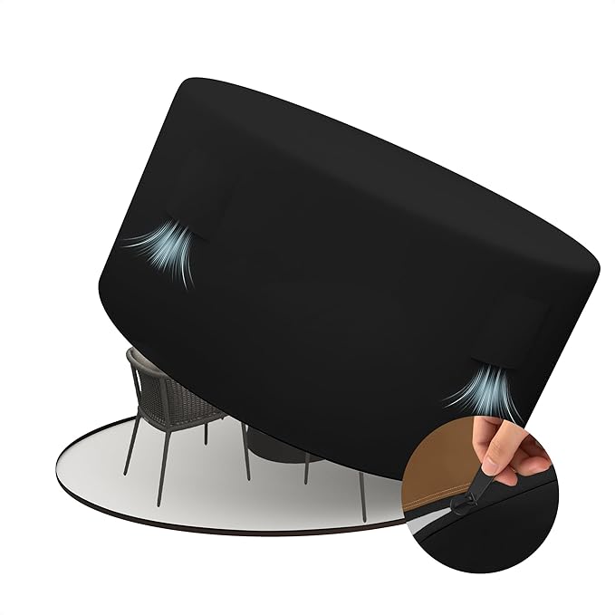 HDCAXKJ Round Patio Table Cover Waterproof Outdoor Dining Table and Chair Set Cover Heavy Duty Round Protector with Zipper Anti-Fading Cover for Outdoor Furniture (Black, 84"DIA x 39"H)