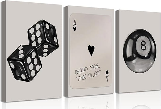 BOKPEN 3Pcs Black and White Poker Dice Canvas Wall Art Funky Retro Y2K Trendy