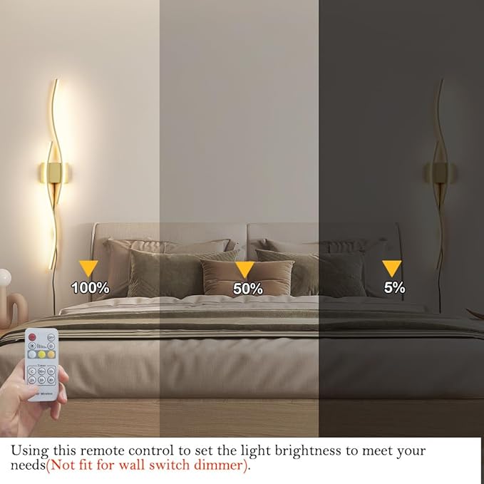 Daunton Modern Gold Plug in Wall Sconces Set of Two, RC Dimmable LED Plug in