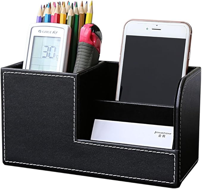 KINGFOM Desk Organizer Office Supplies Caddy Pu Leather Multi-function Storage Box Pen/Pencil,Cell phone, Business Name Cards Remote Control Holder Black