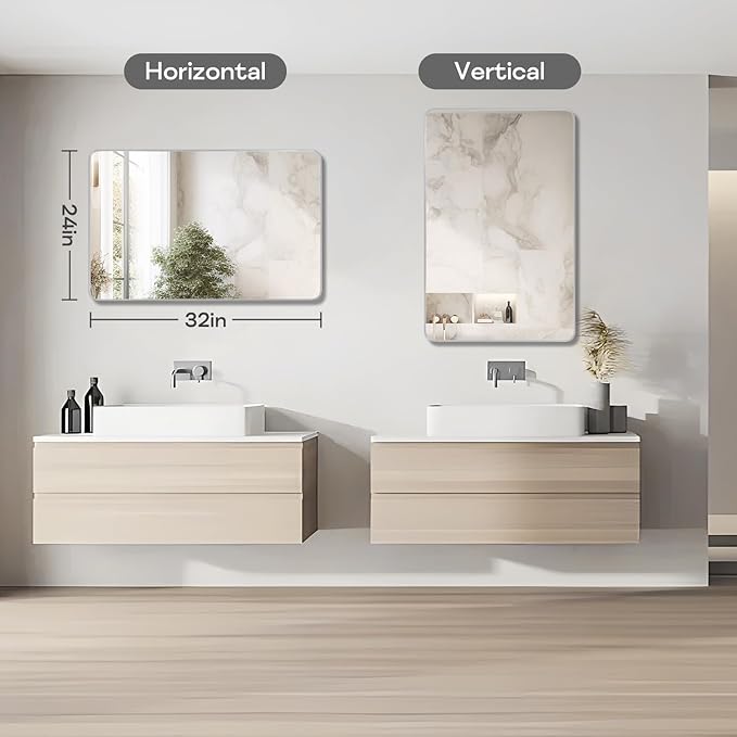 Silver Framed Bathroom Mirror, Brushed Nickel Rounded Corner Rectangle Wall