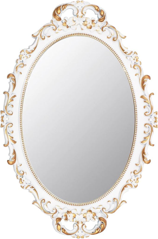 Tstarer Vintage Decorative White Framed Mirror, Small Oval Wall Hanging Mirror