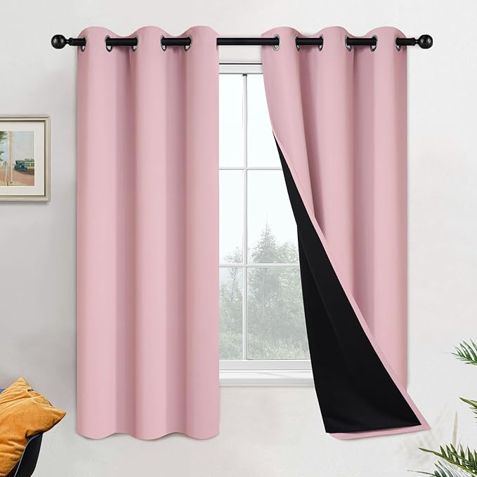 Yakamok Full Blackout Curtains 63 Inches Long, 2 Thick Layers Grommet Top