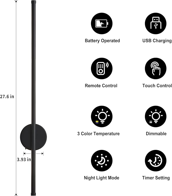 Battery Operated Modern Wall Sconces, Dimmable Wireless Wall Light Set of Two