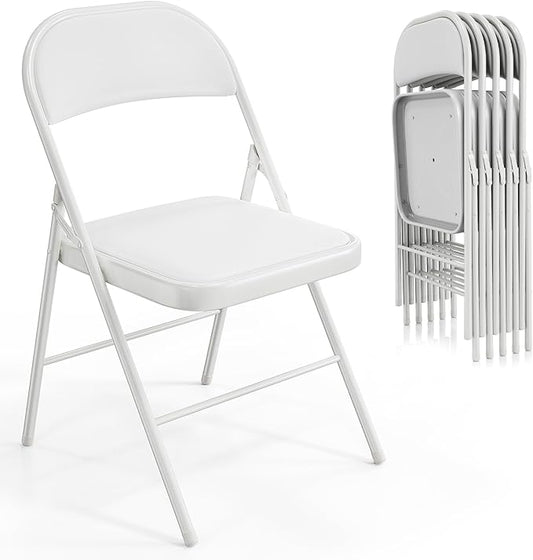 VINGLI 6 Pack Folding Chairs with Padded Seats, Metal Frame with Pu Leather Seat & Back, Capacity 350 lbs, White