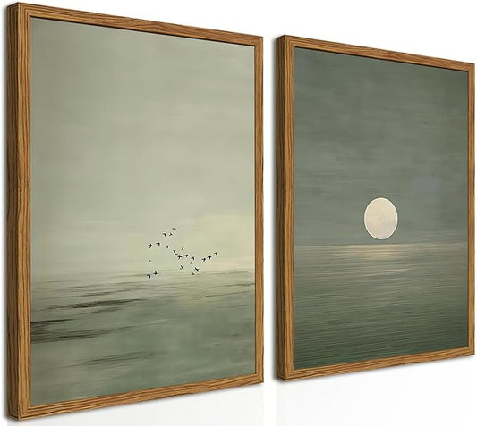 Framed Sage Green Japanese Canvas Wall Art Set of 2, Minimalist Moon and Birds