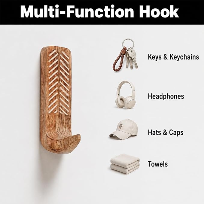 Indian Shelf 10 LB Decorative Wood Adhesive Wall Hooks – Boho Peel and Stick