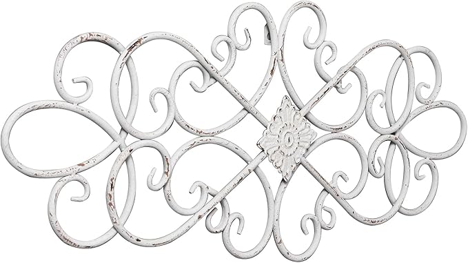 Sintosin White Flower Scroll Metal Wall Art Decor 32" x 13", Hanging Vintage Large Floral Wrought Iron Wall Decor, Farmhouse Wall Sculptures Decorations for Living Room Bedroom Indoor Outdoor