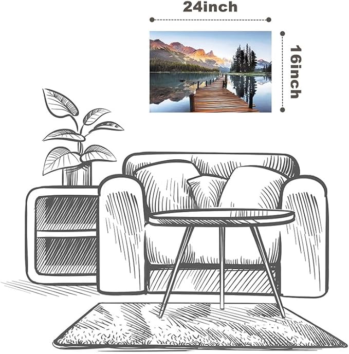 Lake Boardwalk Canvas Wall Art: Nature Mountain Sunset Scenic Artwork Woodland Water Print Picture for Bedroom