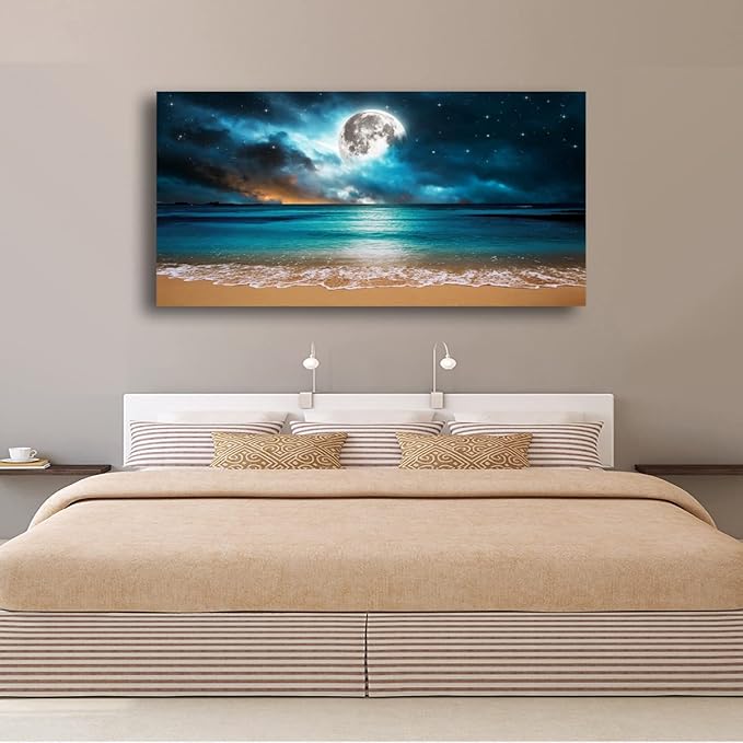 Beach Wall Art Canvas Prints Moon Ocean Landscape Picture Home Decor Natural Seascape Paintings for Living room Bathroom Bedroom Office Kitchen Decorations Modern Artwork Wood Framed 20x40inches