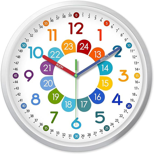 XFM Silent Kids Wall Clock 8 Inch Non Ticking Battery Operated Kids Teaching
