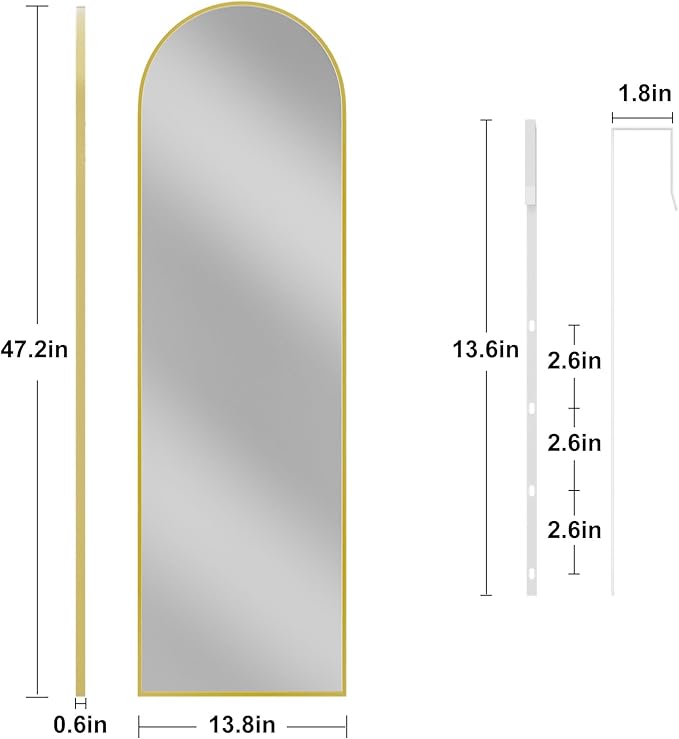 Rowjut Full Length Door Mirror, Wall Mounted Wall & 48"X14"Arched Behind Door