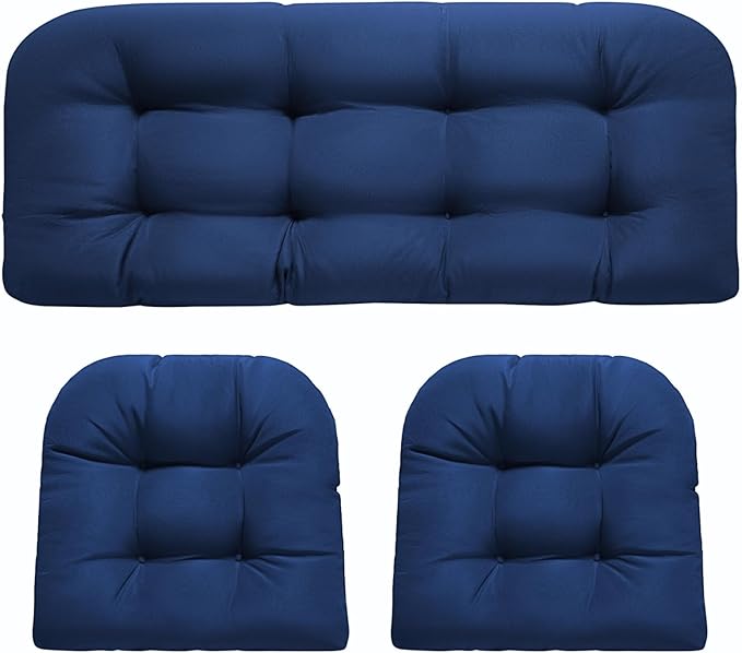 DANGHOOGY Wicker Chair Cushions, Waterproof Outdoor Loveseat Cushions for Patio Furniture, 3 Pieces Wicker Furniture Cushions, 1 Loveseat and 2 U-Shaped Cushions, Blue