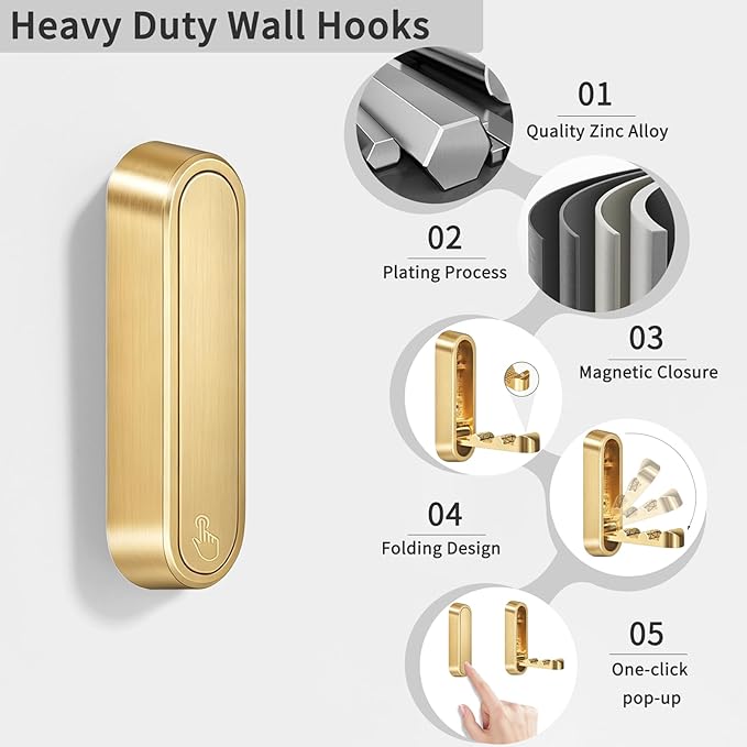 6PCS Foldable Wall Hooks, Zinc Alloy Flip Down Hooks, Retractable Wall Hooks