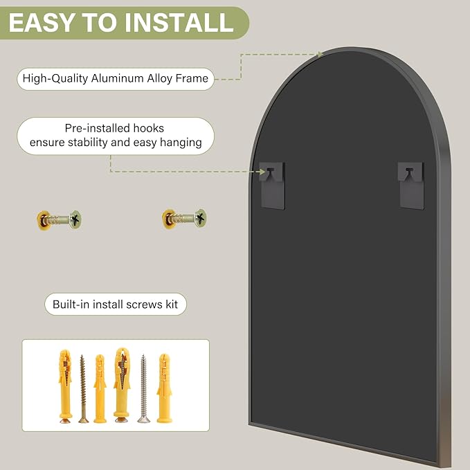XRAMFY 24"x36" Black Arched Bathroom Mirror