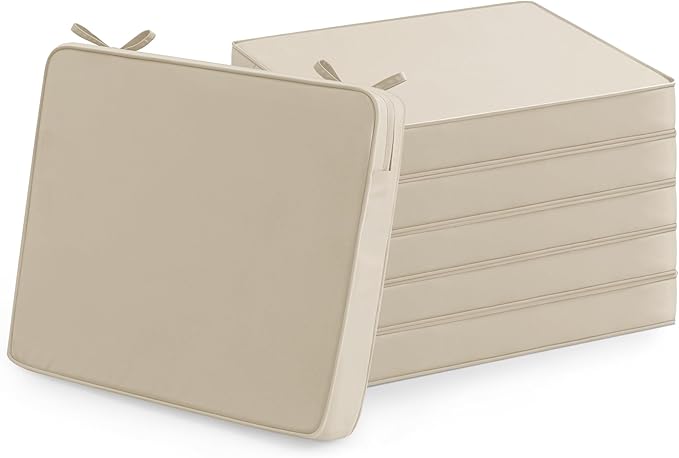 Outdoor Chair Cushions Set of 6: Waterproof & Color Fastness Seat Cushion for Patio Furniture - 22 x 22 x 3 Inch Chair Pads with Ties and Hidden Zipper - Patio Chair Cushion Replacement, Beige