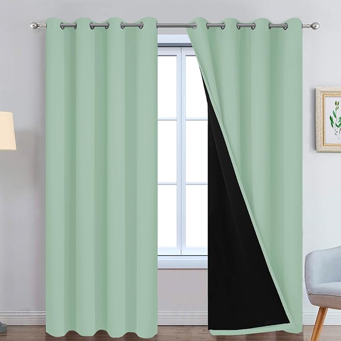 Yakamok Sage 100% Blackout Curtains, Total Blackout Lined Curtain Panels
