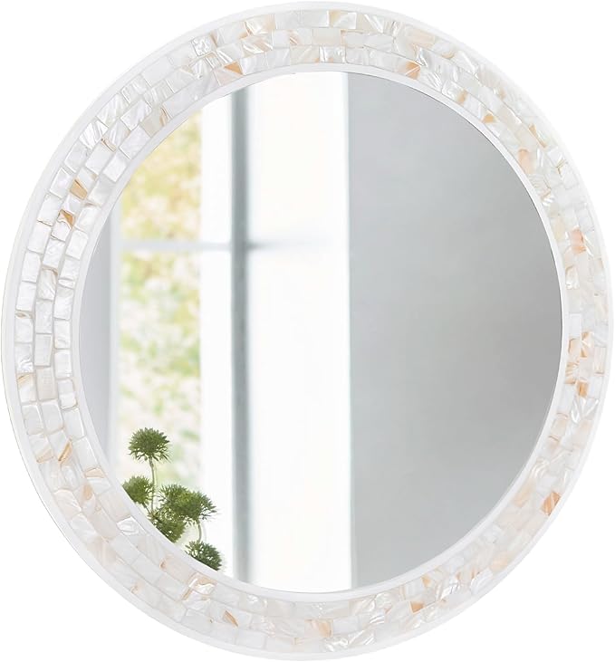 Mosaic Mirrors for Wall 24 Inch, Natural Mother of Pearl Inlay White Framed