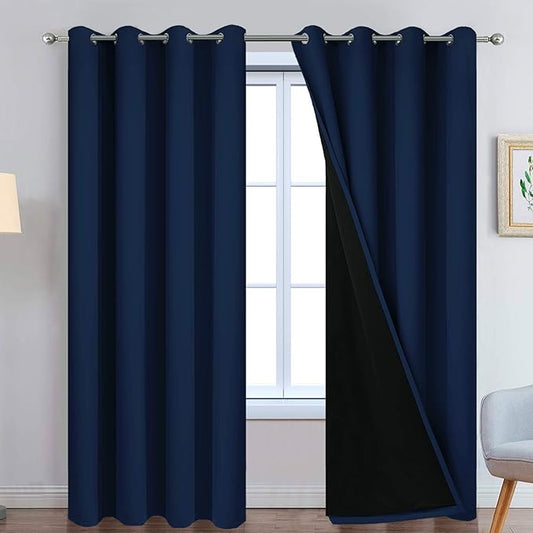 Yakamok Navy Blue 100% Blackout Curtains Energy Saving Thermal Insulated 2
