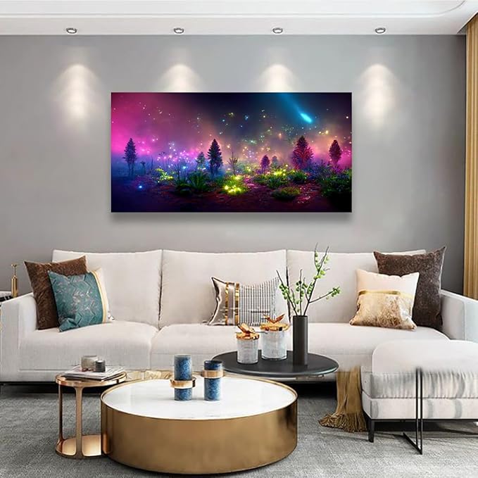 Fantastic Starry light Canvas Wall Art for Living room Office Bedroom Purple Dream Wall Art Print Paintings Modern Forest Fog Pictures Wall Decor Artwork Waterproof Ready to Hang - 70in * 35inch