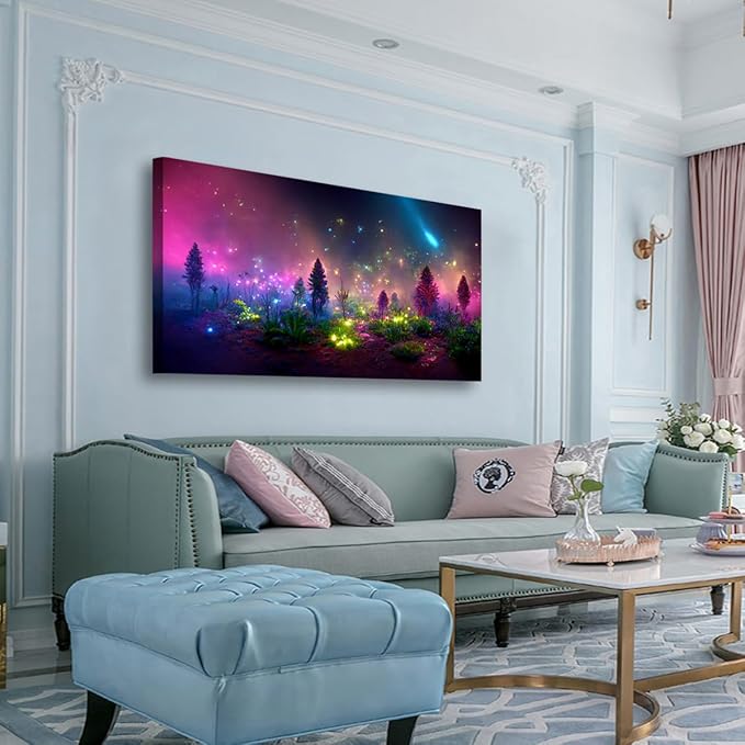 Fantastic Starry light Canvas Wall Art for Living room Office Bedroom Purple Dream Wall Art Print Paintings Modern Forest Fog Pictures Wall Decor Artwork Waterproof Ready to Hang - 70in * 35inch