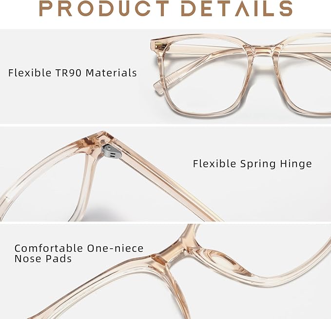 MACJERO Oversized Square Blue Light Blocking Glasses for Women Men, Anti-Fatigue Computer Monitor Gaming Glasses Reduce Eye Strain((transparent Brown)