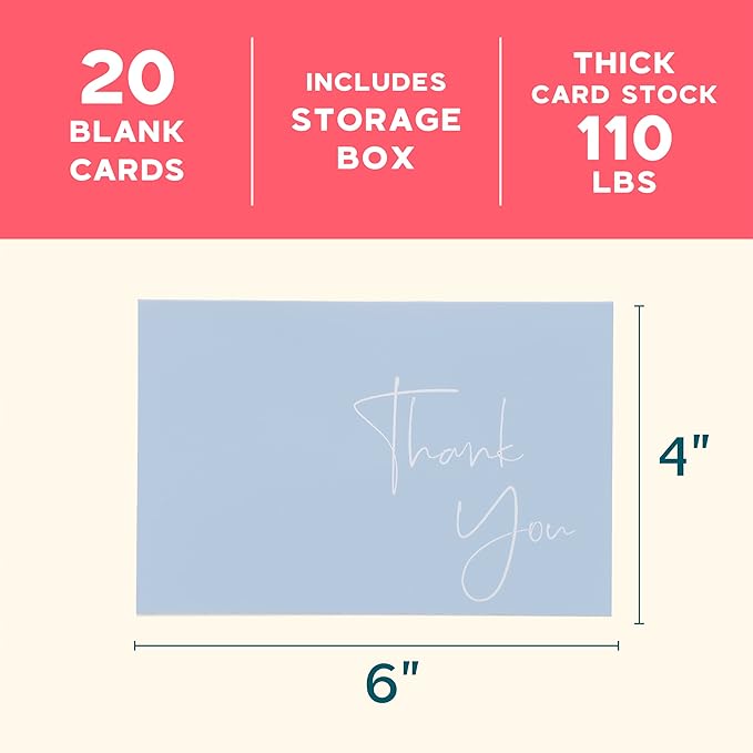 VNS Creations 20 Pack Thank You Cards With Envelopes, Stickers, 4x6 Inch Blank Thank You Notes - Bulk Box Set Large Notes for Graduation, Wedding, Small Business, Baby & Bridal Shower - Light Blue