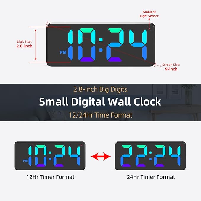 LED Digital Wall Clock with Dynamic RGB Display, Big Digits, Auto-Brightness