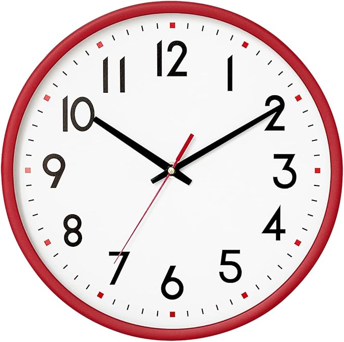 HZDHCLH Wall Clock Red, Silent Wall Clocks Battery Operated 10 Inch Modern Non