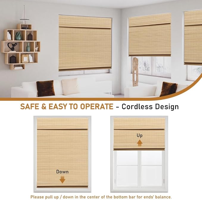 SEEYE Cordless Bamboo Roman Shades, Roll Up Blind Privacy Shade