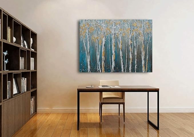 Yihui Arts Landscape Canvas Print Artwork: Teal Winter Forest Painting Wall Art