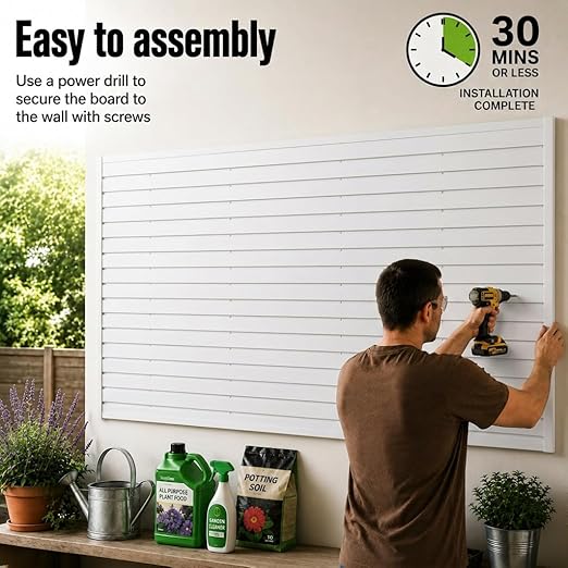 SMARTSTANDARD Slatwall Panel 4x8 FT, Garden Wall Organizer with 31 Garden Tool Hooks & Baskets,Heavy Duty PVC Slat Wall Panels for Gardening, Easy to Install & DIY Cutting(White)