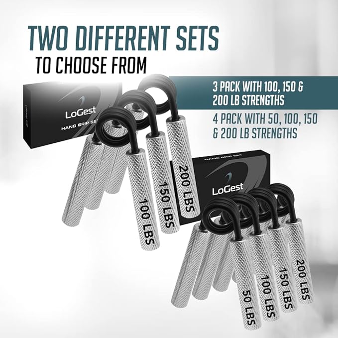 Logest Metal Hand Grip Set, 100LB-200LB 3 Pack 50LB-200LB 4 Pack No Slip Heavy-Duty Grip Strengthener with Gift Box, Great Wrist & Forearm Hand Exerciser, Home Gym, Hand Gripper Grip Strength Trainer
