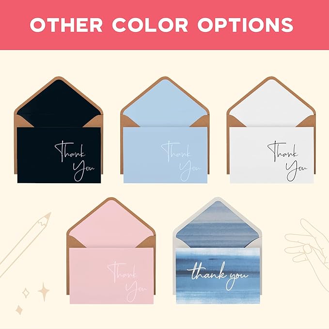 VNS Creations Thank You Cards With Envelopes Bulk Set & Stickers - 100 Pack 4x6 Blank Thank You Notes Bulk Box Set - Large Note Card Small Business, Wedding, Baby Shower & Bridal Shower - Light Blue