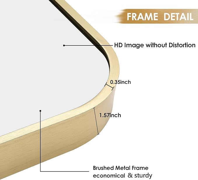 48x30 Inch Gold Bathroom Mirror, Brushed Gold Metal Framed Rectangular Mirror