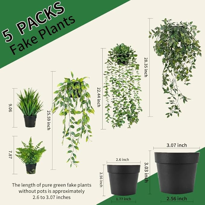 5 Pack Fake Plants for Wall Home Room Office, Artificial Hanging Plants