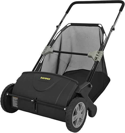 Push Lawn Sweeper, 21-Inch Width, 3.5 Cu. Ft. Hopper Capacity, 4 Spinning Brushes, Adjustable Height, Durable Steel Frame with Rubber Wheels, Black