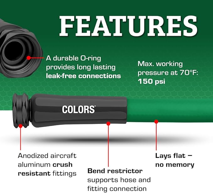 Flexzilla Colors Garden Hose 5/8 in. x 50 ft., Lightweight All-Weather Water Hose, Durable and Flexible, Leak-Free Connections, Forest Green