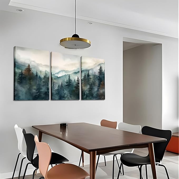 AKWISH Framed Green Forest Canvas Wall Art Set of 3, Boho Misty Watercolor Pine