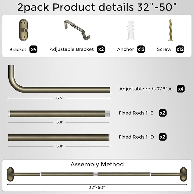 2 Pack Curtain Rods 32-46 Inch, Antique Bronze Wrap Around Blackout Curtain Rods