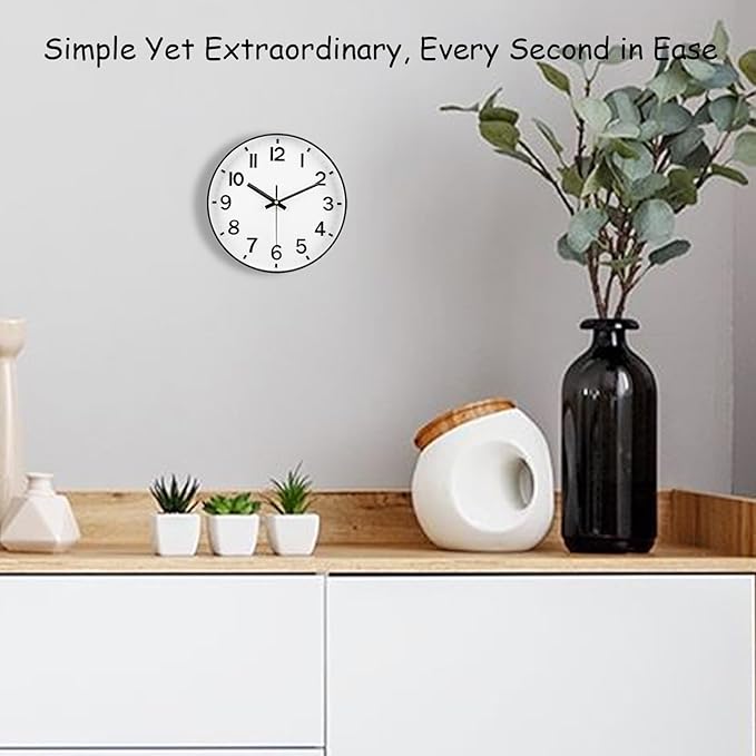 Black Wall Clock, 8 Inch Wall Clocks Battery Operated, Round Modern Non Ticking