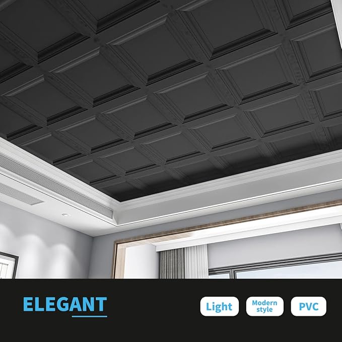 Art3d 24-Pack Square Drop Ceiling Tile 2ft x 2ft in Black, PVC Ceiling Panel 24