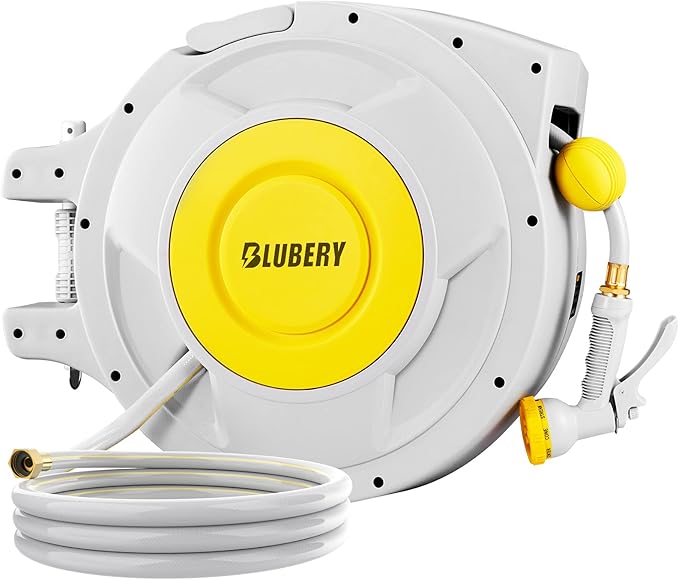 BLUBERY 5/8" x 100+6.7ft Retractable Garden Hose Reel with Slow Return System, Heavy-Duty Wall-Mounted 39.3LB, 10" Handle, 180Â° Swivel Bracket, Any Length Lock