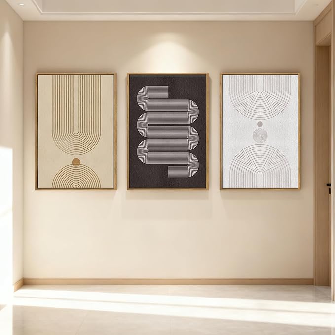Anyzal Extra Large Modern Neutral Framed Wall Art 24x36 Inch Black Abstract Canvas Wall Decor Beige Boho Geometric Artwork for Living Room Bedroom Dining Room Set of 3