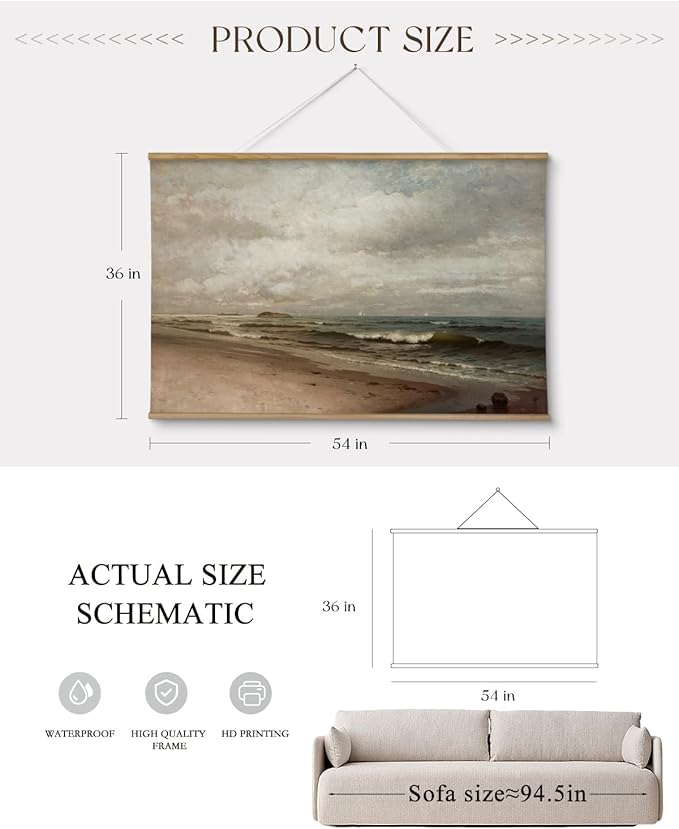 ARPEOTCY Extra Large Vintage Framed Wall Art, 36x54 Inch Coastal Ocean Beach Seascape Hanging Canvas Prints Scroll Wall Art Decor for Living Room Bedroom, Retro Scenery Pictures Above of Bed