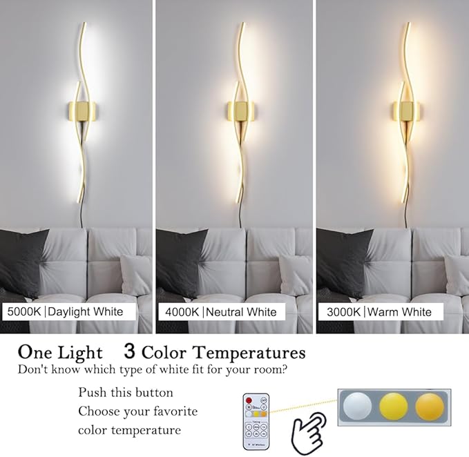 Daunton Modern Gold Plug in Wall Sconces Set of Two, RC Dimmable LED Plug in