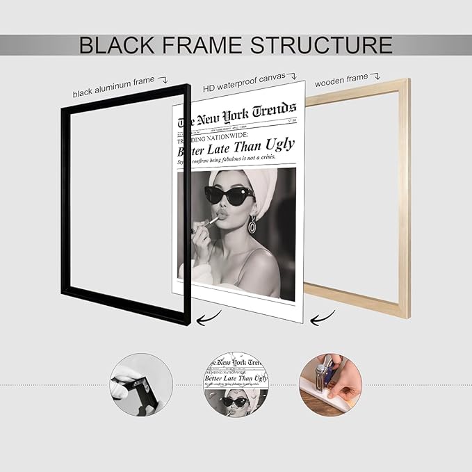 Trendy Newspaper Black Framed Posters Better Late Than Ugly Wall Art Vintage