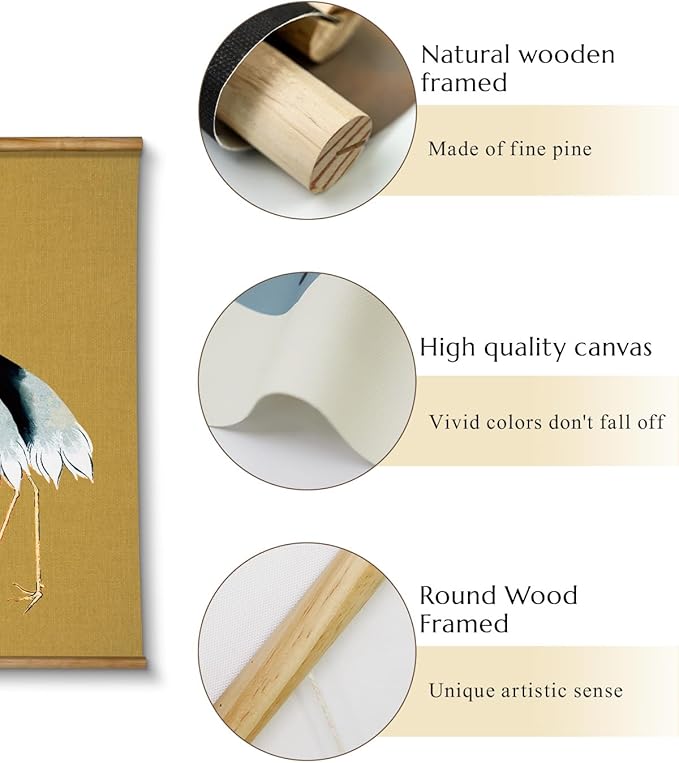 VIYYIEA Extra Large Size Canvas Wall Art, 36x54 Vintage Scroll Hanging Crane Print, Elegant Bird Animal Artwork for Living Room, Bedroom, or Office